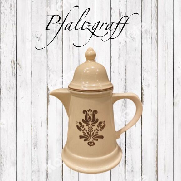 Vintage Pfaltzgraff Coffee Pot Village Pattern USA Made Tan Brown Stoneware 6x9” - Picture 15 of 16